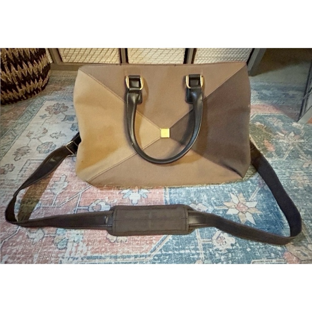 DIANE VON FURSTENBERG Two-Way Weekender Duffle Travel Bag Brown Suede Tri-Tone